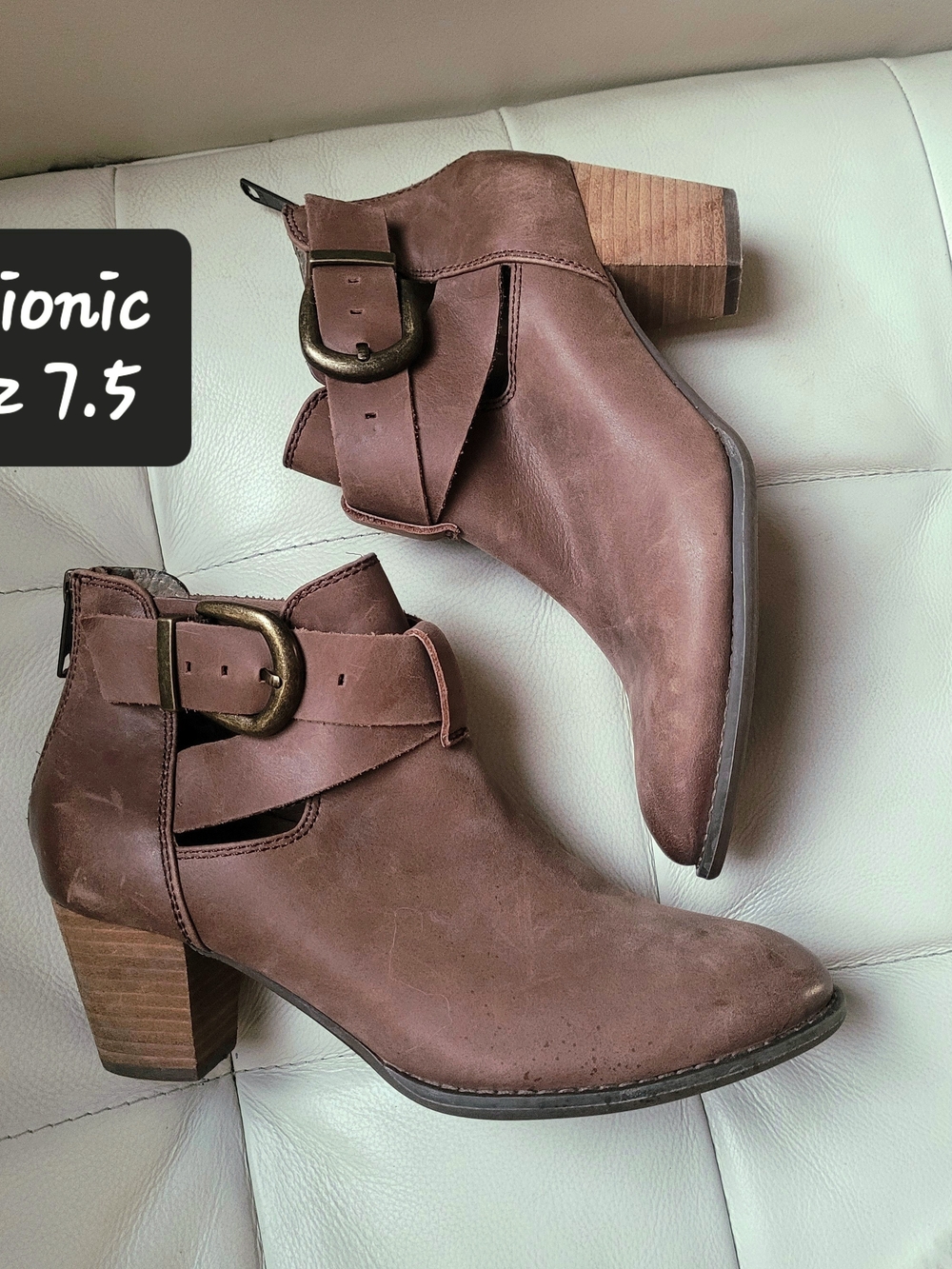 Vionic Brown Leather Ankle Booties with Buckle Detail